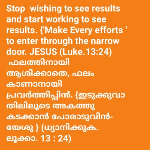 Stop  wishing to see results and start working to see results. {'Make Every efforts ' to enter through the narrow door. JESUS (Luke.13:24)  ഫലത്തിനായി ആശിക്കാതെ, ഫലം കാണാനായി പ്രവർത്തിപ്പിൻ. {ഇടുക്കുവാ തിലിലൂടെ അകത്തു കടക്കാൻ പോരാടുവിൻ- യേശു } (ധ്യാനിക്കുക. ലൂക്കാ. 13 : 24)