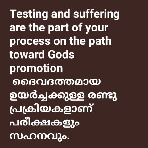 Testing and suffering are the part of your process on the path toward Gods promotion  ദൈവദത്തമായ ഉയർച്ചക്കുള്ള രണ്ടു പ്രക്രിയകളാണ് പരീക്ഷകളും സഹനവും.