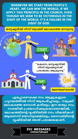 Whenever we start from people’s heart we can win the world; if we apply this principle in the Church, even though we seem to be victorious in the sight of the world, it’s a failure in the sight of God.    മനുഷ്യ ഹൃദയങ്ങളിൽ നിന്നും ആരംഭിക്കുമ്പോഴെല്ലാംനമുക്ക്  ലോകത്തിൽ വിജയിക്കാം .ഈ തത്വം നാം സഭകളിൽ പ്രയോഗിച്ചാൽ ലോകത്തിൽ നാം വിജയിക്കുമെങ്കിലും ദൈവ സന്നിധിയിൽ അത് പരാജയമായിരിക്കും