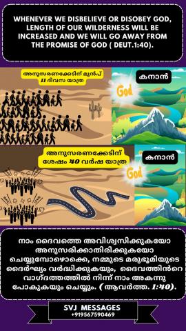 Whenever we disbelieve or disobey God, length of our wilderness will be increased and we  will go away from the promise of God. (Dut.1:40)   നാം ദൈവത്തെ അവിശ്വസിക്കുകയോ അനുസരിക്കാതിരിക്കുകയോ ചെയ്യുമ്പോൾ, നമ്മുടെ മരുഭൂമിയുടെ ദൈർഘ്യം വർദ്ധിക്കുകയും നാം ദൈവത്തിന്റെ വാഗ്ദത്തത്തിൽ നിന്ന് അകന്നുപോകയും ചെയ്യുന്നു . (ആവർത്തനം 1: 40)