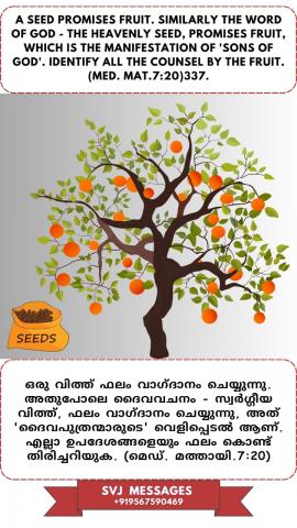 A Seed promises fruit. Similarly The Word of God, the Heavenly seed, promises fruit, which is the manifestation of ‘sons of God’. Identify all the Counsel by the fruit. (Med. Mat.7:20) 