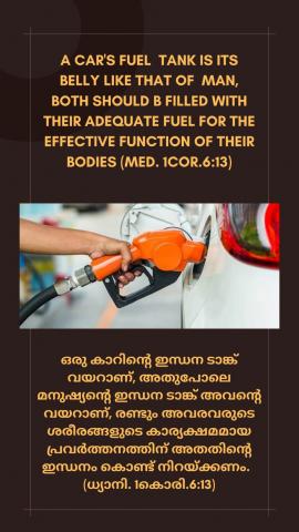 A car’s fuel tank is it’s belly, similarly man’s fuel tank is his belly, both should be filled with their own fuel for the effective function of their bodies. (Med. 1Cor.6:13).