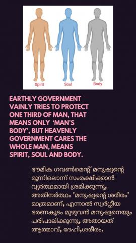 Earthly government vainly tries to protect one third of man, that means only ‘man’s body’, but Heavenly government cares the whole man, means spirit, soul and body.