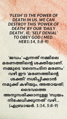 ‘Flesh’ is the power of death in us. We can destroy this ‘power of death’ by our ‘daily death’, ie; ‘self denial’ to obey God ( Med. Heb1:14, 5:8-9).