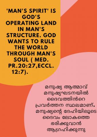 ‘Man’s spirit’ is God’s operating land in man’s structure. God wants to rule the world through  man’s soul. (Med. Pr.20:27, Ecc.12:7).