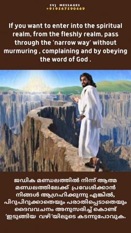 If you want to enter into the spiritual realm from the fleshly realm pass through the ‘narrow way’ without murmuring , complaining and by obeying the Word of God.